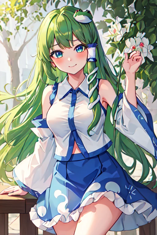 best quality, masterpiece, highres, solo, {kochiya_sanae_touhou:1.15}, green_hair, long_hair, hair_ornament, frog_hair_ornament, snake_hair_ornament, hair_tubes, blush, bangs, breasts, smile, green_eyes, upper_body, blue_eyes, 1girl, detached_sleeves, looking_at_viewer, shirt, white_shirt, collared_shirt, bare_shoulders, closed_mouth, blue_skirt, nontraditional_miko, skirt, sleeveless, sleeveless_shirt, wide_sleeves