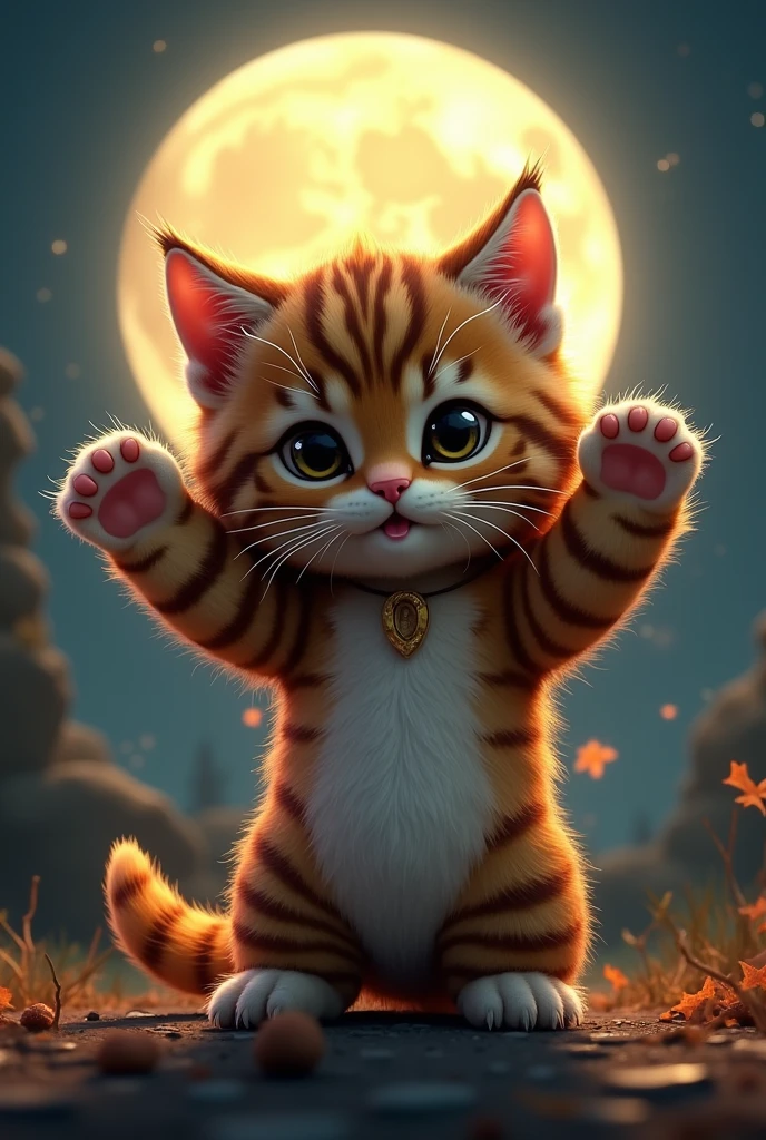  the cutest brown tiger pattern kitten in the world wearing a deformed werewolf costume、((Realistic:1.3))、Pose with raised hands 、Beautiful full moon night