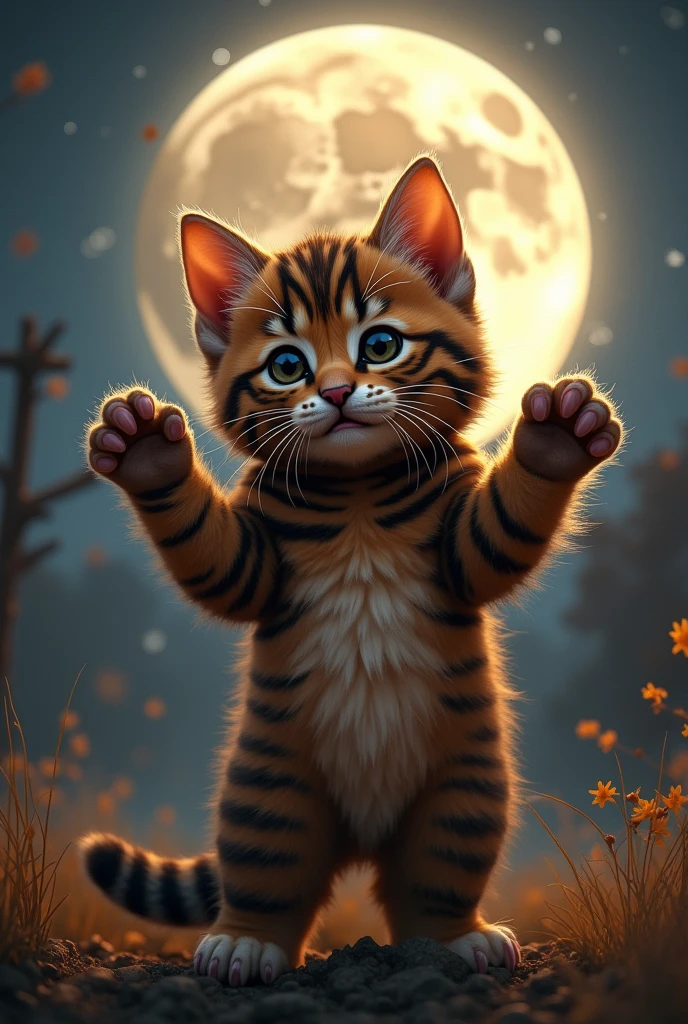  the cutest brown tiger pattern kitten in the world wearing a deformed werewolf costume、((Realistic:1.3))、Pose with raised hands 、Beautiful full moon night