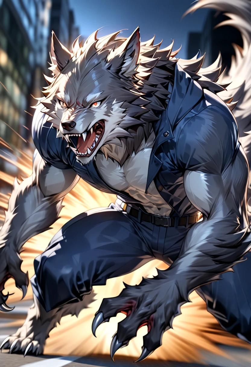 A smart and handsome werewolf"Asuka" , Half-beast form : The beast's ears grow, the tip of the jaw turns into a wolf, and grows sharp claws(( motion blur :2.0 ,  Blurred Background)) , Dark blue coat with a velvety luster ,metamorphose action hero