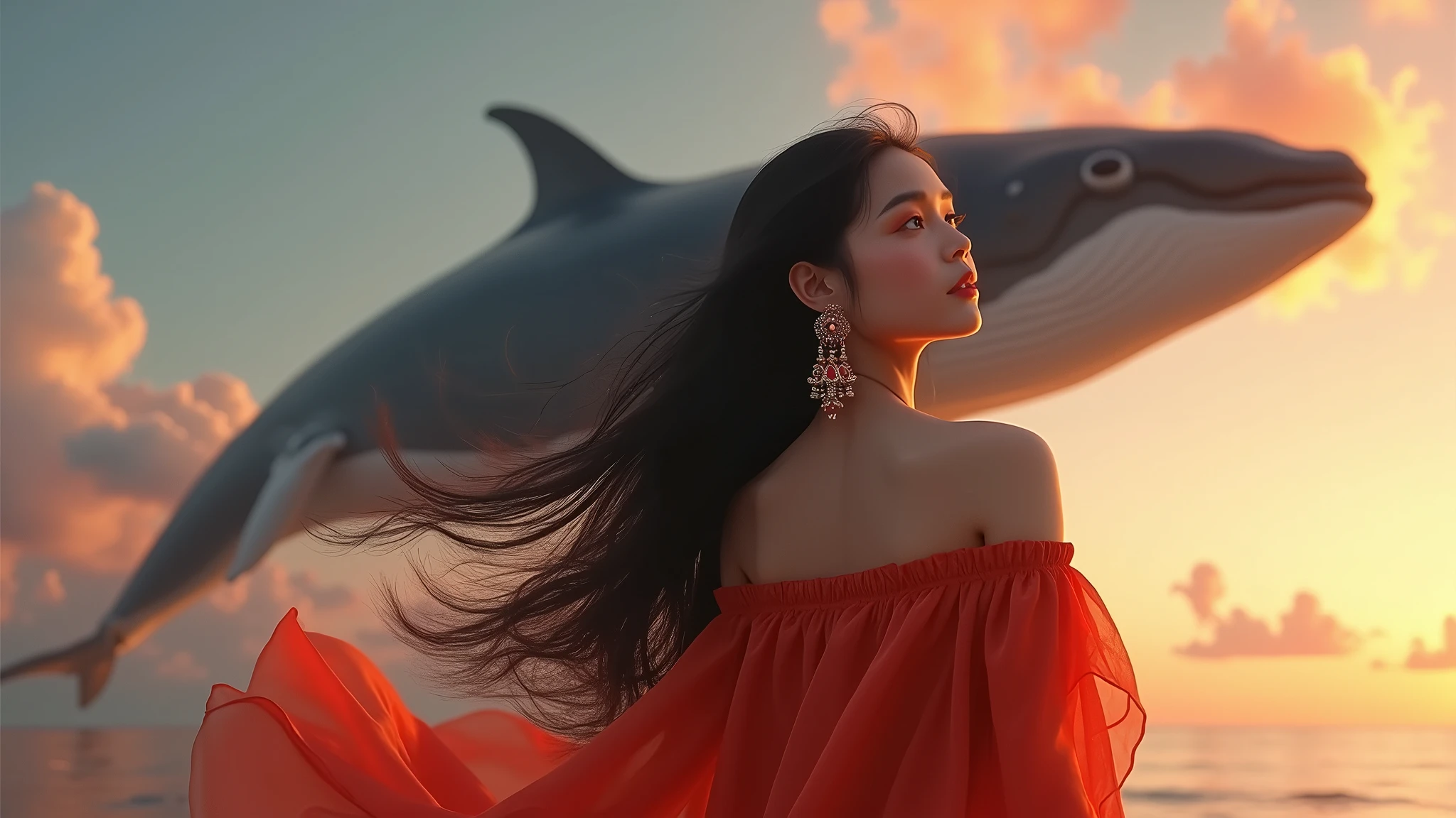 Woman in red dress standing in front of a large whale - SeaArt AI