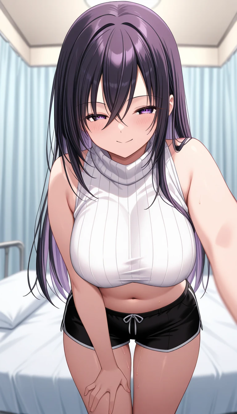  1 girl、solo、Nijoin Tsukasa 、 black hair、Purple Hair、 long hair on background、 hair between eyes、 purple eyes、 white sweater、 sleeveless turtleneck、 Ribbed Sweater 、White、abdomen、 black shorts、belly button、 Standing 、hospital、Examination room、 lies in bed、 depth of field、masterpiece、 top quality、 very beautiful 、smile、 sexy、 looking at camera、 squinting、Chest