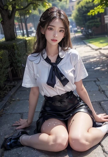 Korean School Uniform、School Uniform Shirts、bow ribbon、skirt by the、Light brown hair、Poolside at night school、Poolside bench at night、dark ambiance、8K RAW Photos、hight resolution、Cute Japan 17 years old、very large round breasts、beautiful eyes finely detailed、long eyeslashes、Beautiful double eyelids、Slender eyes、elongated eye shape、Sanpaku eyes、Duck mouth、evil smile、Evil look、beautiful and very thin legs、beautiful and very thin thighs,、Random Shorthair、Tie your hair behind your head、耳环、a necklace、The crotch is visible、extremely short skirts、opening legs、