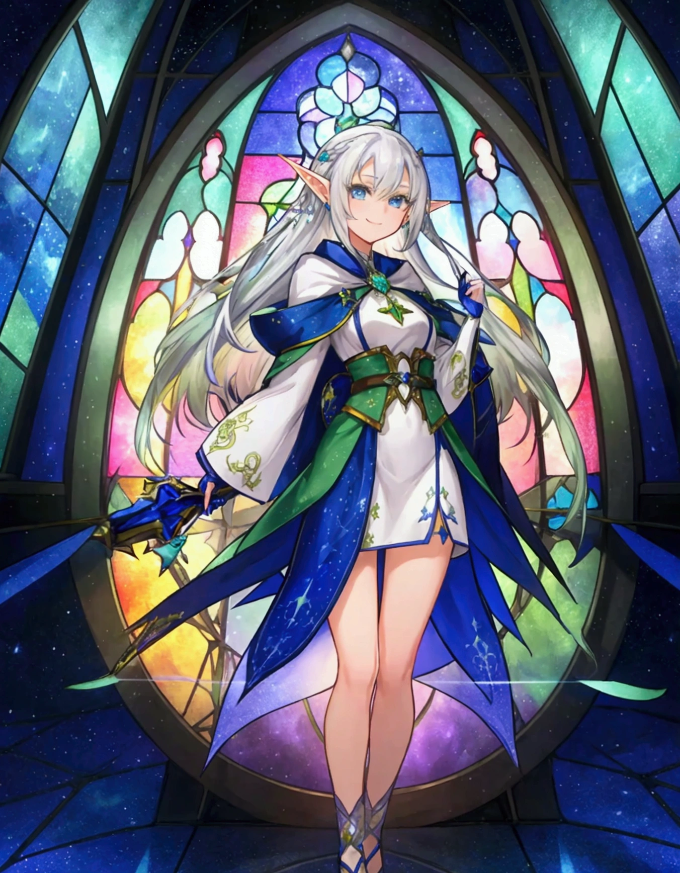 Inside the kaleidoscope、 stained glass background、Legendary Scenery 、 mythical scenery unfolds、The cathedral shines brightly、 blue and white contrast on hand pockets、Night Sky、Sky City、church,Like a game cover、 character （Green clothing、 Rinwell Style Braided Silver Haired Shorthair,  pointed ears、Elf、 blue eyes、 Rough Outfit 、 long lashes,smile、Mr.々Expression）, Closeup 