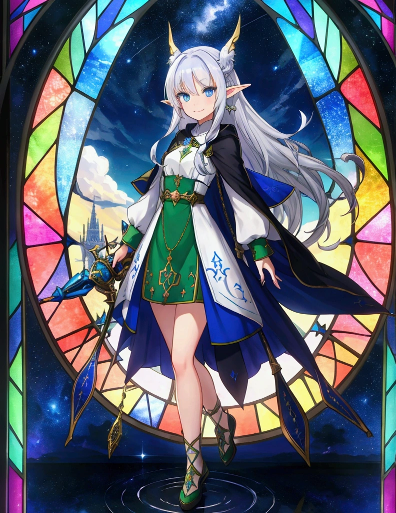 Inside the kaleidoscope、 stained glass background、Legendary Scenery 、 mythical scenery unfolds、The cathedral shines brightly、 blue and white contrast on hand pockets、Night Sky、Sky City、church,Like a game cover、 character （Green clothing、 Rinwell Style Braided Silver Haired Shorthair,  pointed ears、Elf、 blue eyes、 Rough Outfit 、 long lashes,smile、Mr.々Expression）, Closeup 