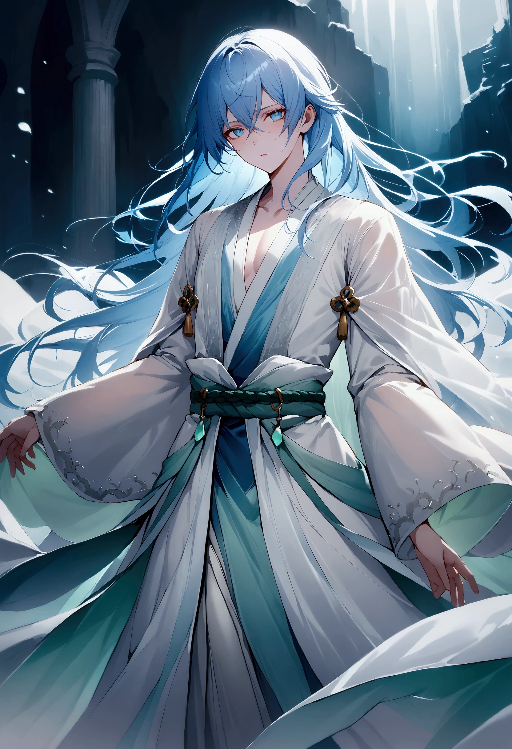 A tall (1.8m), slender yet strong male with long, silver-blue hair flowing past his waist like mist, and shimmering light blue eyes that are both cold and profound. He has fair, rosy skin, and wears a flowing white silk robe with silver feather embroidery, a jade-green belt, and a translucent cloak, exuding the aura of a celestial being.
