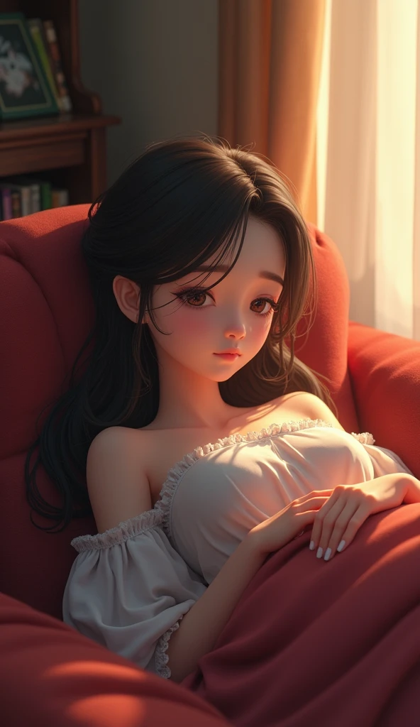 Description: A beautiful girl sitting on a bed in a knitted sweater with a plunging neckline. Medium: Digital painting. Style: An anime reminiscent of John Singer Sargent's Madame X. Lighting: The gentle light of the bedside lamp is soft and warm. Colors: A muted palette of grays and blues with hints of pink and gold in the girl's hair and skin. Composition: A close-up shot of a girl's face and her breasts looking into the distance. --auto --s2