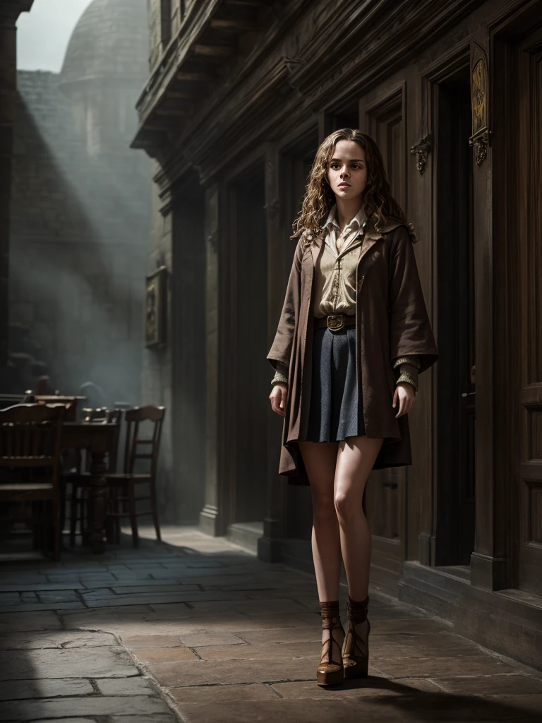 Emma Watson as Hermione Granger in Harry Potter, mature 35 years old, high heels, sexy, hit,  bushy brown hair and brown eyes, long hair, harry potter movies style, ((detailed facial features)),(detailed face:1.2) (freckles:1.1)(cute beautiful face:1.3)(((full body))), (hogwarts on background), ((((cinematic look)))), soothing tones,intricate scene, insane details, intricate details, hyperdetailed, low contrast, soft cinematic light, dim colors, exposure blend, hdr, faded, slate atmosphere, WB studio, Intricate, High Detail, Sharp focus,