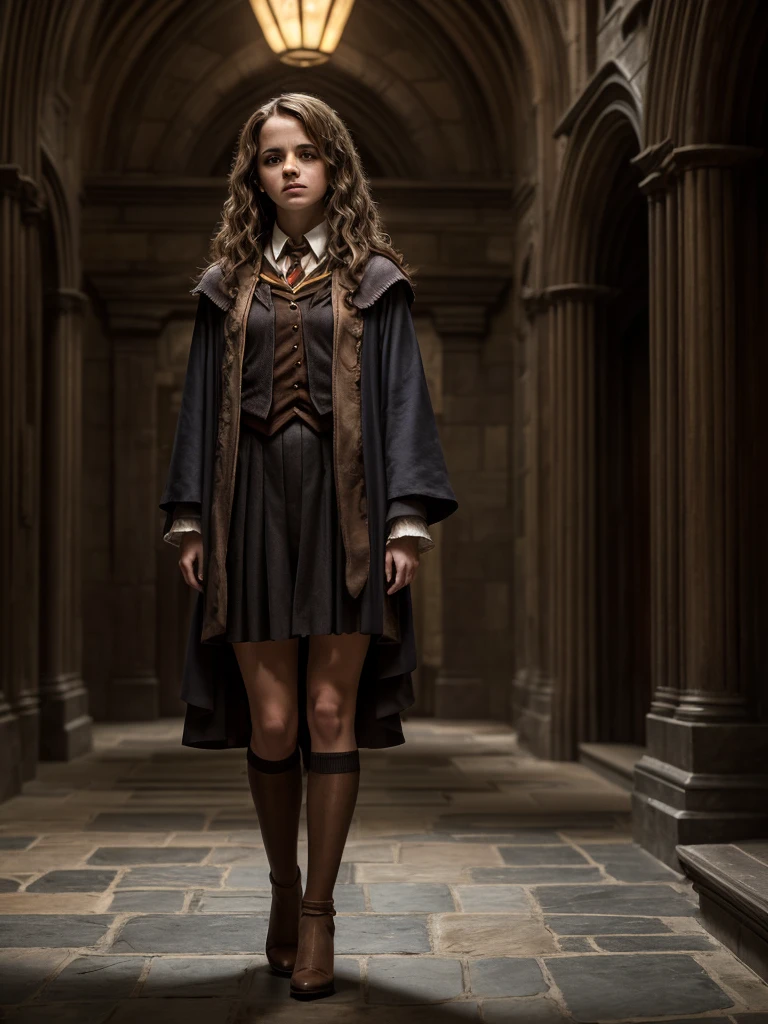 Emma Watson as Hermione Granger in Harry Potter, mature 35 years old, high heels, sexy, hit,  bushy brown hair and brown eyes, long hair, harry potter movies style, ((detailed facial features)),(detailed face:1.2) (freckles:1.1)(cute beautiful face:1.3)(((full body))), (hogwarts on background), ((((cinematic look)))), soothing tones,intricate scene, insane details, intricate details, hyperdetailed, low contrast, soft cinematic light, dim colors, exposure blend, hdr, faded, slate atmosphere, WB studio, Intricate, High Detail, Sharp focus,