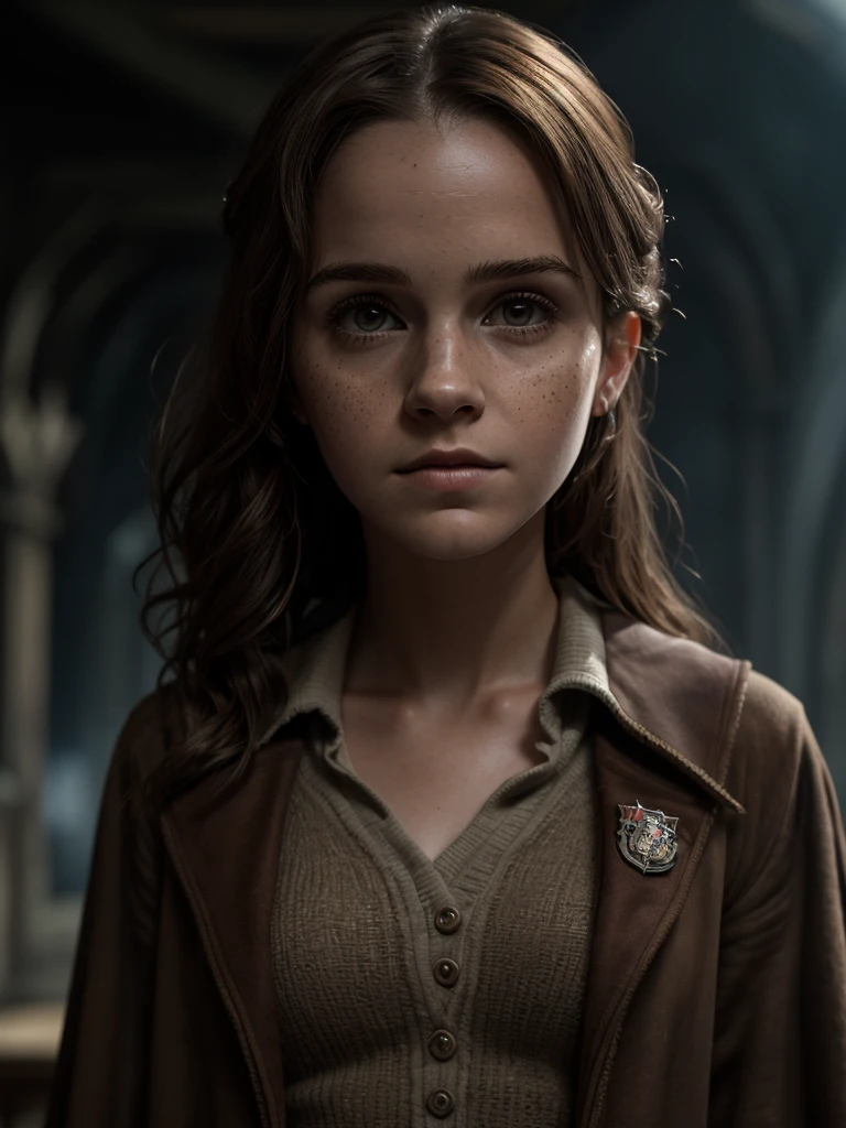 Emma Watson as Hermione Granger in Harry Potter, mature 35 years old, high heels, sexy, hit,  bushy brown hair and brown eyes, long hair, harry potter movies style, ((detailed facial features)),(detailed face:1.2) (freckles:1.1)(cute beautiful face:1.3)(((full body))), (hogwarts on background), ((((cinematic look)))), soothing tones,intricate scene, insane details, intricate details, hyperdetailed, low contrast, soft cinematic light, dim colors, exposure blend, hdr, faded, slate atmosphere, WB studio, Intricate, High Detail, Sharp focus,