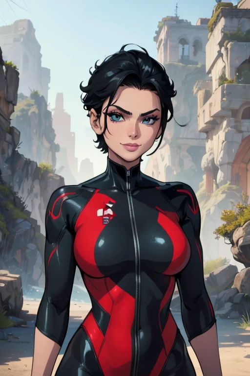 (art, Best quality, absurd, 4K, aesthetics, perfect eyes, perfect face, detailed, complex, Perfect lighting) 1 girl with fair skin, short dark hair brushed back, wears a red and black futuristic bodysuit, queen of a race alien, warrior, gentle smile