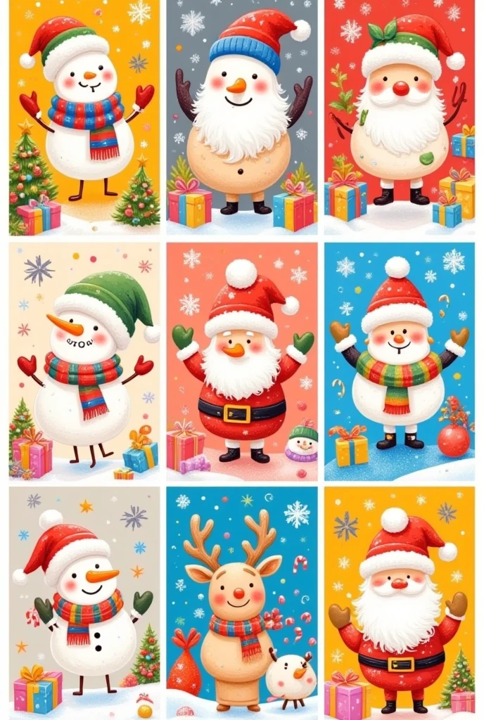 A set of cute Christmas cards with various illustrations featuring snowmen, reindeer, and Santa Claus wearing hats, candy canes, wreaths, Christmas trees, colorful backgrounds, a vibrant palette, simple designs, a colorful illustration style, simple shapes, a colorful cartoon illustration, a cute design, a colorful cartoon design, bright colors, bright color blocks, a colorful background, bright color blocks, bright colors, and a colorful illustration style.
