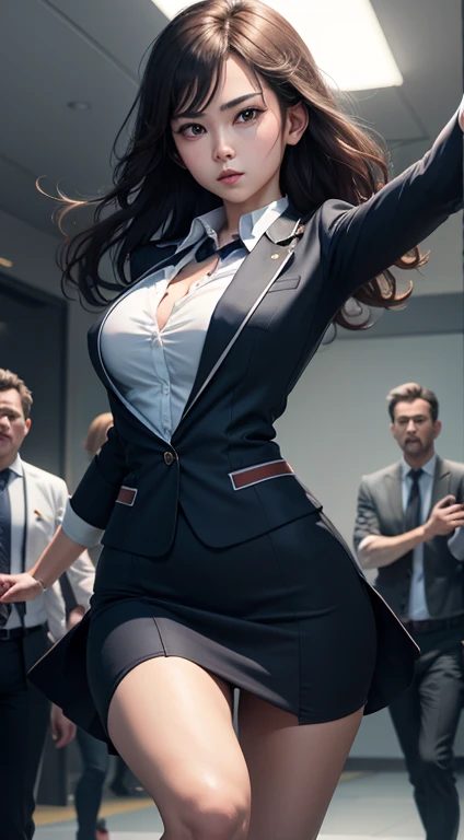 （ RAW photo，HighestQuali），（ dynamic pose )，Like the whole body， flight attendant uniform, Mr.々Depict a group of characters in an action scene，（  curved ，  curved ：1.3），HighestQuali，masterpiece，very fine and beautiful， very detailed ，CG，Unified，2k wallpaper， wonderful， beautiful details ，masterpiece，HighestQuali， Highly Detailed CG Unity 8K Wallpaper，，active move leg 、Bust open、