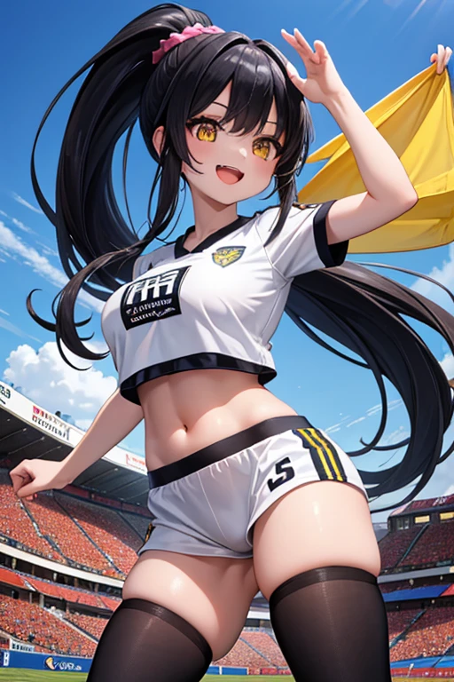 beautiful girl runner, , Prepare to practice running, Lean over to tie your shoelaces..........................., Black Hair, Ponytail, bangs, Smile a little..........................., Wear glasses, ((Wear a sleeveless sports bar..........................., turtleneck, black and yellow shorts, (underboob))), The abdomen has sexy lines..........................., yellow running shoes, in the stadium stands, anime, high-res