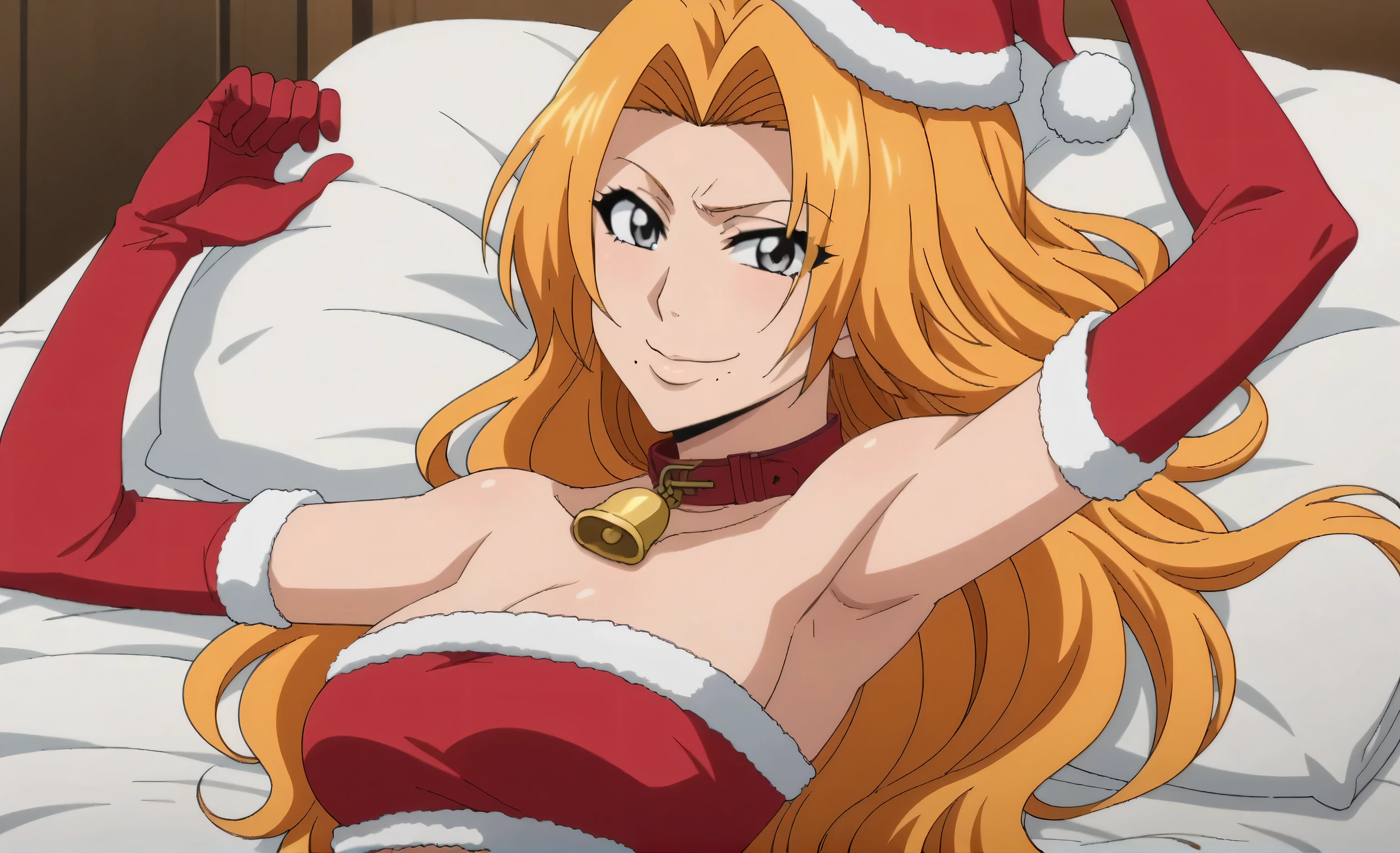 score_9, score_8_up, score_7_up, source_anime, anime screencap, 1girl, solo, BREAK, rangiku matsumoto, long hair, grey eyes, orange hair, mole, mole under mouth, parted bangs, Santa costume, Santa hat, red tube top, red elbow gloves, long gloves, red collar with a bell, bare shoulders, BREAK, arm up, raised arm, armpit, looking at viewer, head towards viewer, smile, closed mouth, midriff, from side, lying in bed 