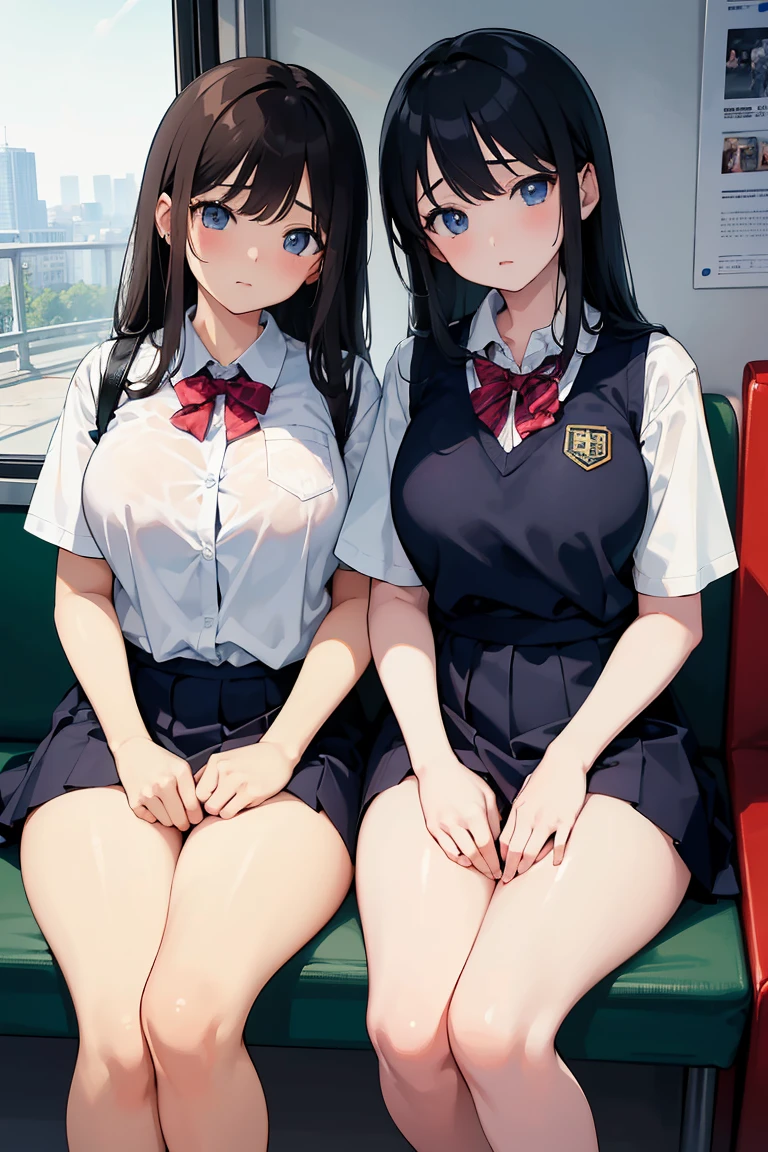 (8k、 top quality、masterpiece:1.2)、（Two Girls）、（Sitting on a train seat with legs open）、（ school uniform、 I can see white underwear）、（curvy:0.8）、vapor、Estrus、（from below：1.2）、 seen from the front 