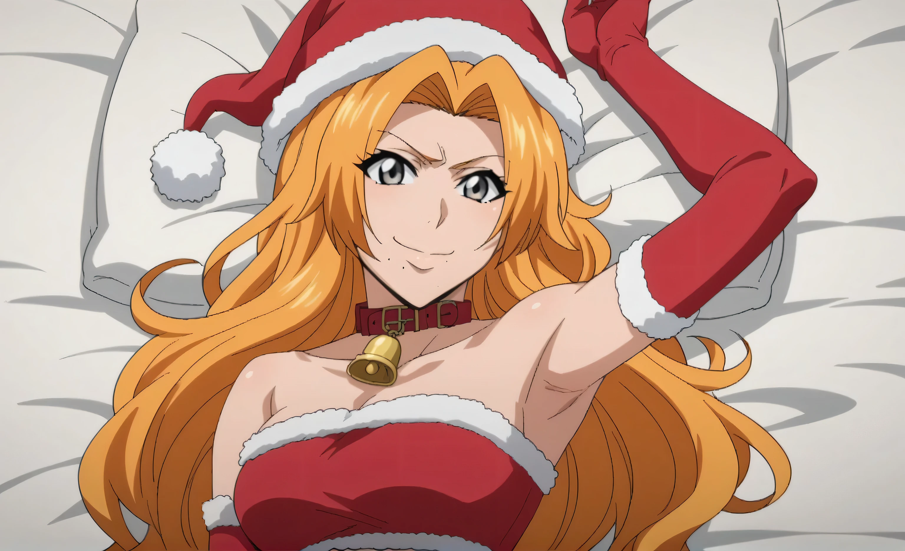 score_9, score_8_up, score_7_up, source_anime, anime screencap, 1girl, solo, BREAK, rangiku matsumoto, long hair, grey eyes, orange hair, mole, mole under mouth, parted bangs, Santa costume, Santa hat, red tube top, red elbow gloves, long gloves, red collar with a bell, bare shoulders, BREAK, arm up, raised arm, armpit, looking at viewer, head towards viewer, smile, closed mouth, midriff, from side, lying in bed 