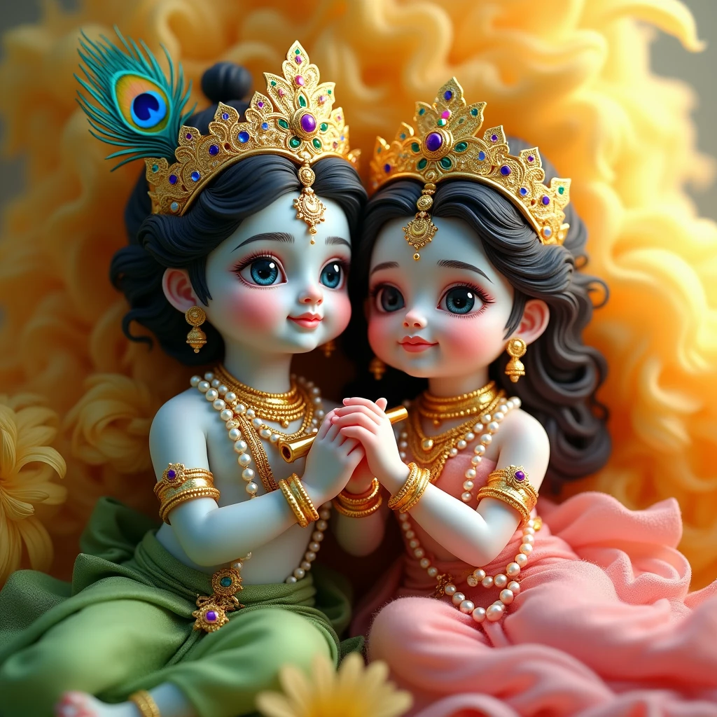 cute young Radha and Krishna,children playing,peacock feather in hair,vibrant colors,soft lighting,ornate jewelry,detailed facial features,serene expression,pastoral setting,lush greenery,idyllic scene,intricate textile patterns,shimmering gold accents,whimsical atmosphere,masterpiece,photorealistic,8k,extremely detailed