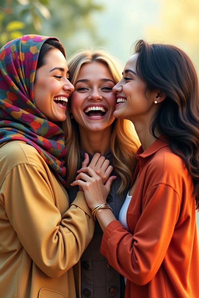 The legs of a white woman in white socks with long yellow hair, who is laughing and laughing on the sofa, another weight in hijab is sniffing her socks.