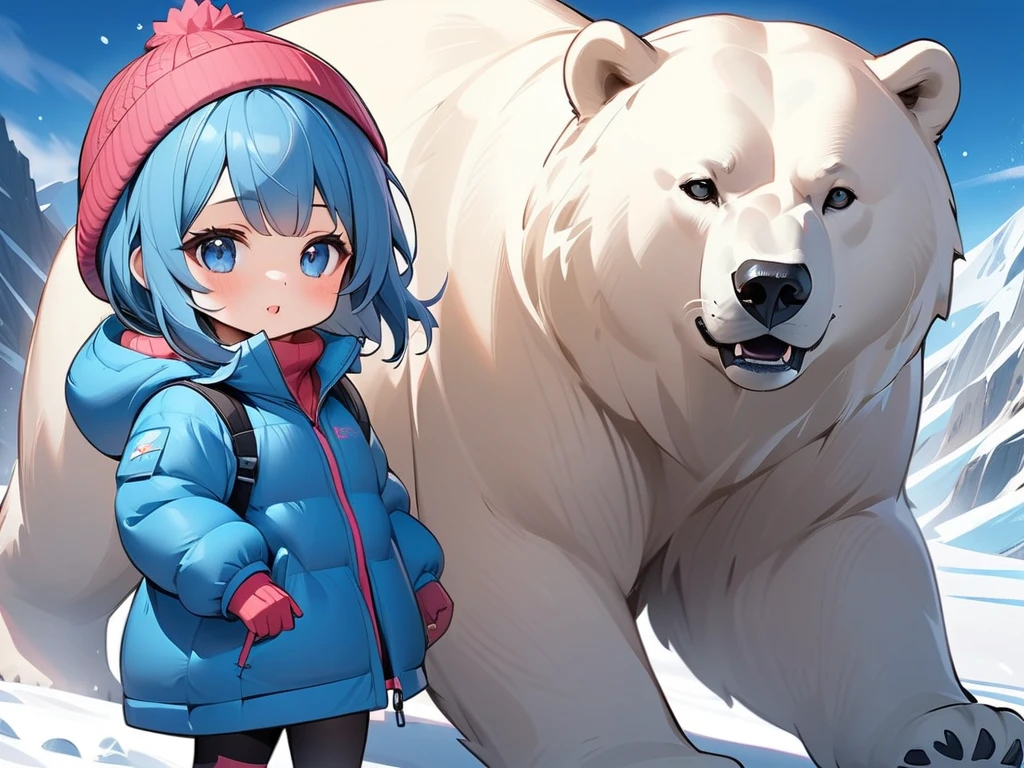  top quality, masterpiece,  Kyrie Light Mash ,(((The Girl Who Uses Beasts ))）、( The Girl Rides on the Back of a Big Polar Bear 　 Pointing Ahead ),(  The Big Polar Bear Is Slowly Moving Forward ),  The Girl wears cold weather clothes such as a down jacket、 yarn hat　gloves、 , (Chibi: 0.6), Bright blue hair,  cute, 