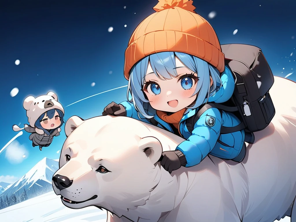  top quality, masterpiece,  Kyrie Light Mash ,(((The Girl Who Uses Beasts ))）、( The Girl Rides on the Back of a Big Polar Bear 　 Pointing Ahead ),(  The Big Polar Bear Is Slowly Moving Forward ),  The Girl wears cold weather clothes such as a down jacket、 yarn hat　gloves、 , (Chibi: 0.6), Bright blue hair,  cute, 