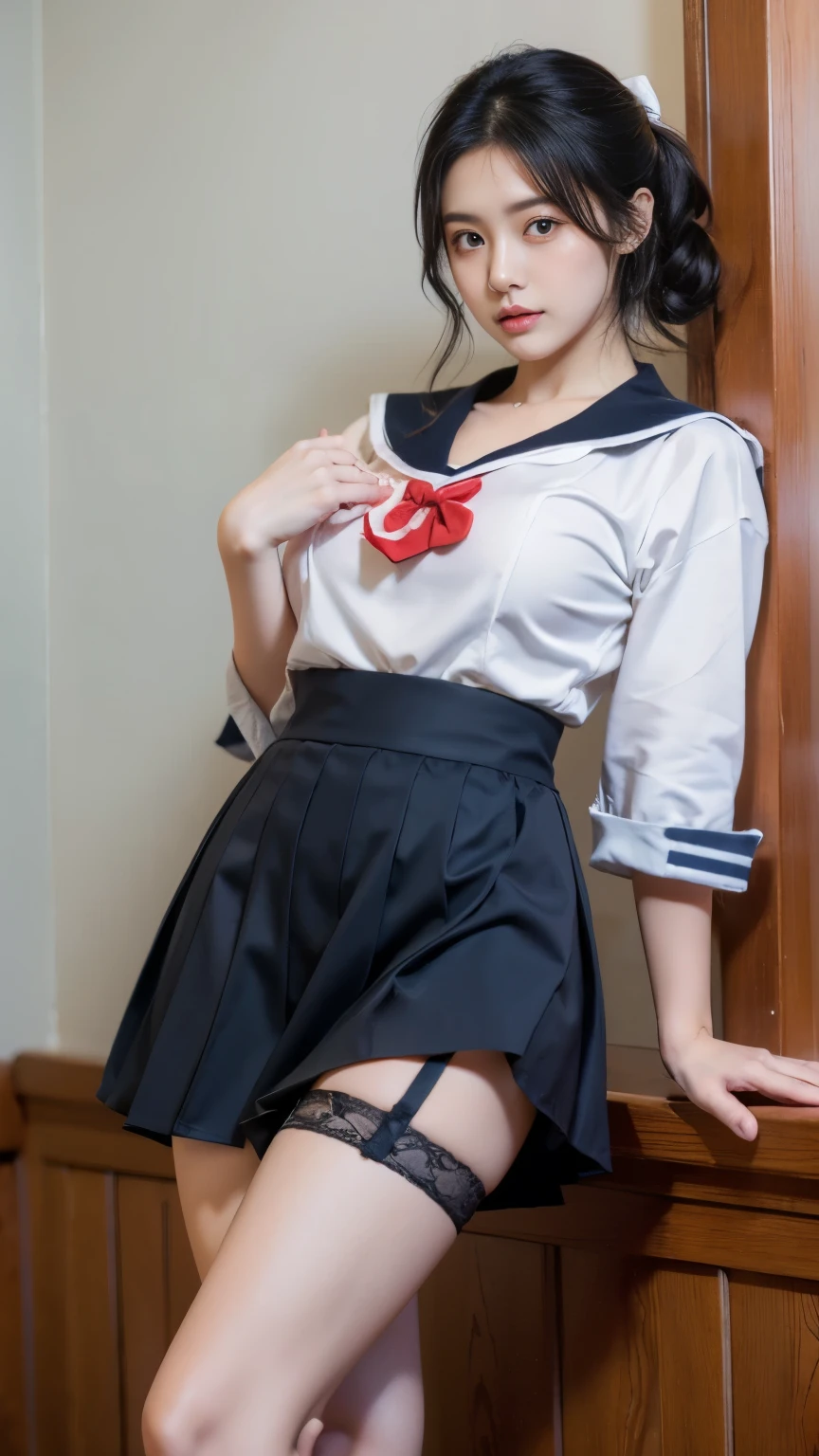 classroom, ((( sailor suit)))、 girl, The Eyes That Seduce Viewers, Shine, Shine, masterpiece, The sweet taste of temptation, nice, masterpiece, best quality, Shadow, S-Core_9, S-Core_8_up, S-Core_7_up、(gigantic breast:1.1)、 black hair、 standing 、(Big Eyes)、(skirt)、Small waist、(Very long legs)、 black stockings、(Breasts covered with clothes)、takeda hiromitsu style, Fingering、ass Fingering、 garter belt