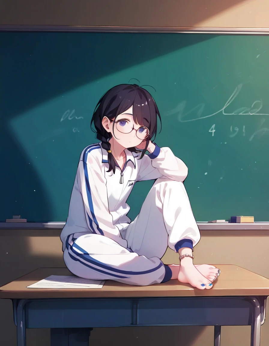 score_9,score_8_up,score_7_up, masterpiece,ultra-detailed CG illustration,top quality, best quality, 1girl,solo,black hair,baggy blue and white track suit,baggy blue and white track pants,glasses,black hair,low twin braids,desk,sitting on desk,barefoot,anklet,chalkboard, multicolored toenails,