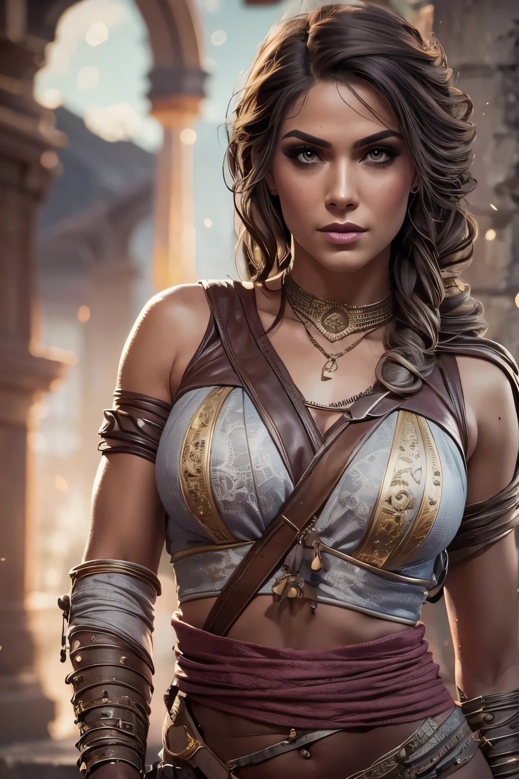 (best quality,ultra-detailed,realistic:1.37),(HDR,UHD,studio lighting),(portraits),(vivid colors),(warm color tones),(soft,moody lighting),(sharp focus),(bokeh),Kassandra,Assassin's Creed Universe,Kassandra's stunning face,Kassandra's piercing eyes,Kassandra's alluring gaze,Kassandra's seductive lips,Kassandra's flowing hair,Kassandra's confident and provocative smile,mysterious atmosphere,dark and gritty background,tattoos on Kassandra's body,ornate assassin gear,fierce and powerful stance,sparkling jewelry,dramatic lighting to accentuate facial features,subtle makeup,subtle hints of smoke or mist,nighttime setting,embers glowing in the background,subtle moonlight bathing the scene