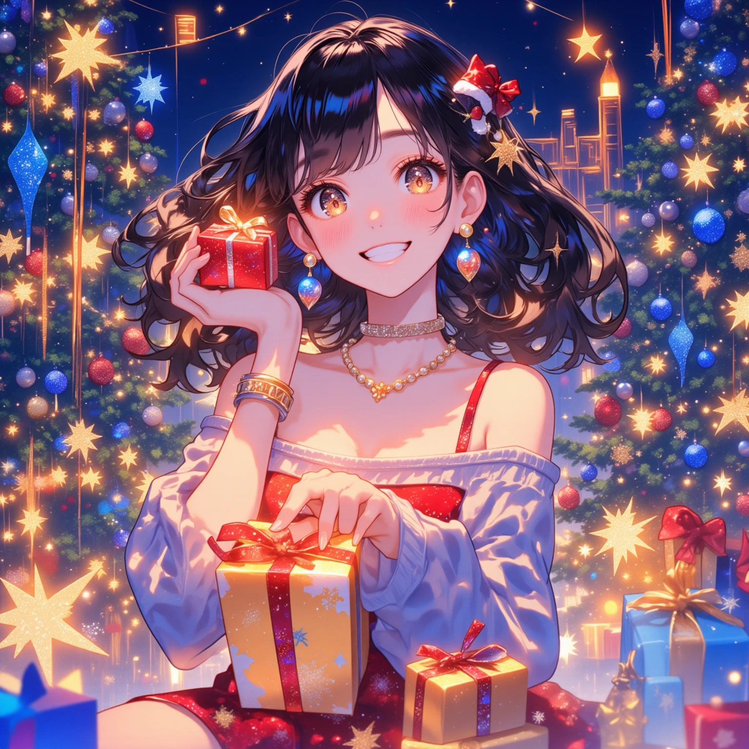 (Masterpiece, high quality, high definition, 4K, 8k, detail）、Christmas, a girl （ cute face、 beautiful eyes、 brown hair、A great smile、Christmas earrings,  Pearl Necklace、Boat neck dress ）、 holding a Christmas present in my hand and sticking it to my cheek、look at me, CG Integrated Wallpaper (Christmas motif design), gritting　Christmas tree, night、 Christmas color icon perspective 