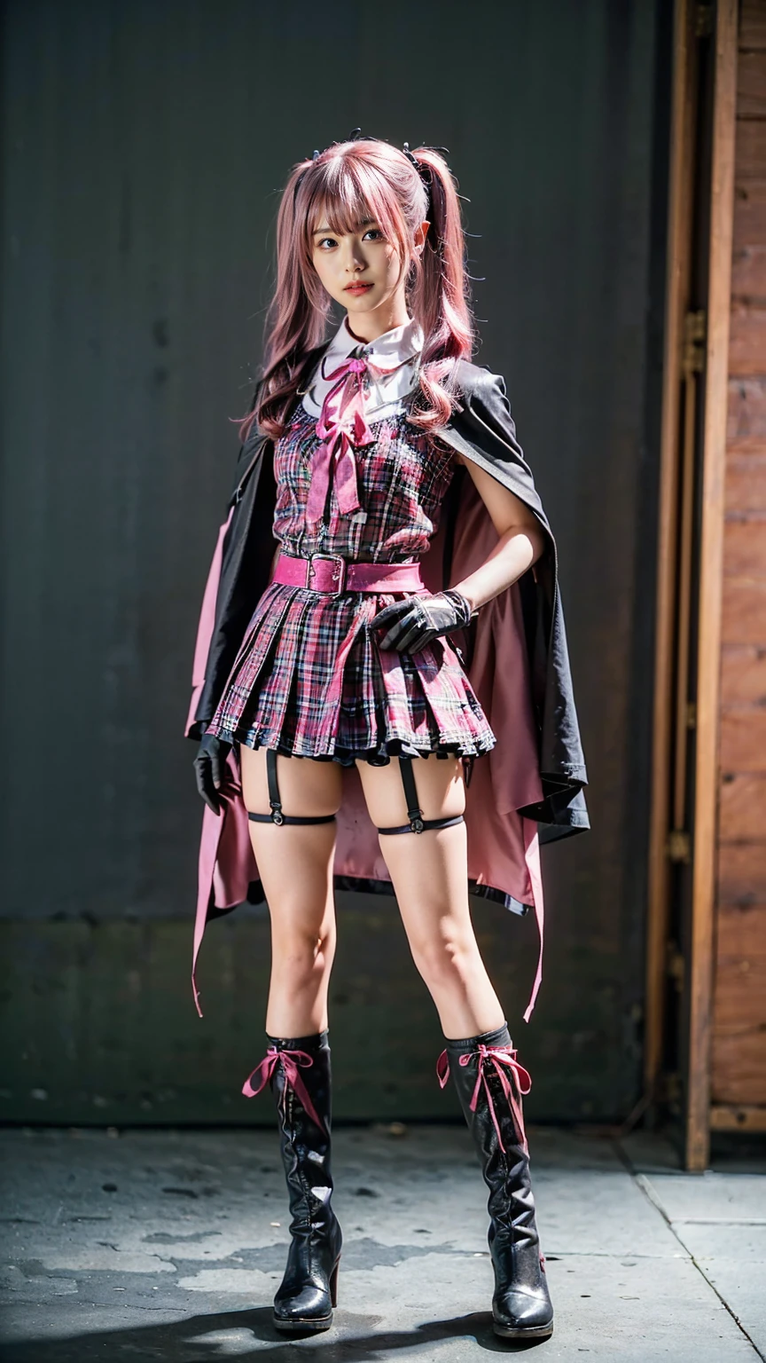 (8k、     RAW photos   、   top quality、masterpiece   :1.2)、(   realistic   、   realistic   )、1 person、((black、  gloves、 see-through、  twin tails、 pink hair、  garter belt hugging、Cape、Ribbon on chest、  plaid mini skirt、   boots、blackい背景、Thin legs、whole body、Hands on Hips、 standing facing you   )、cute