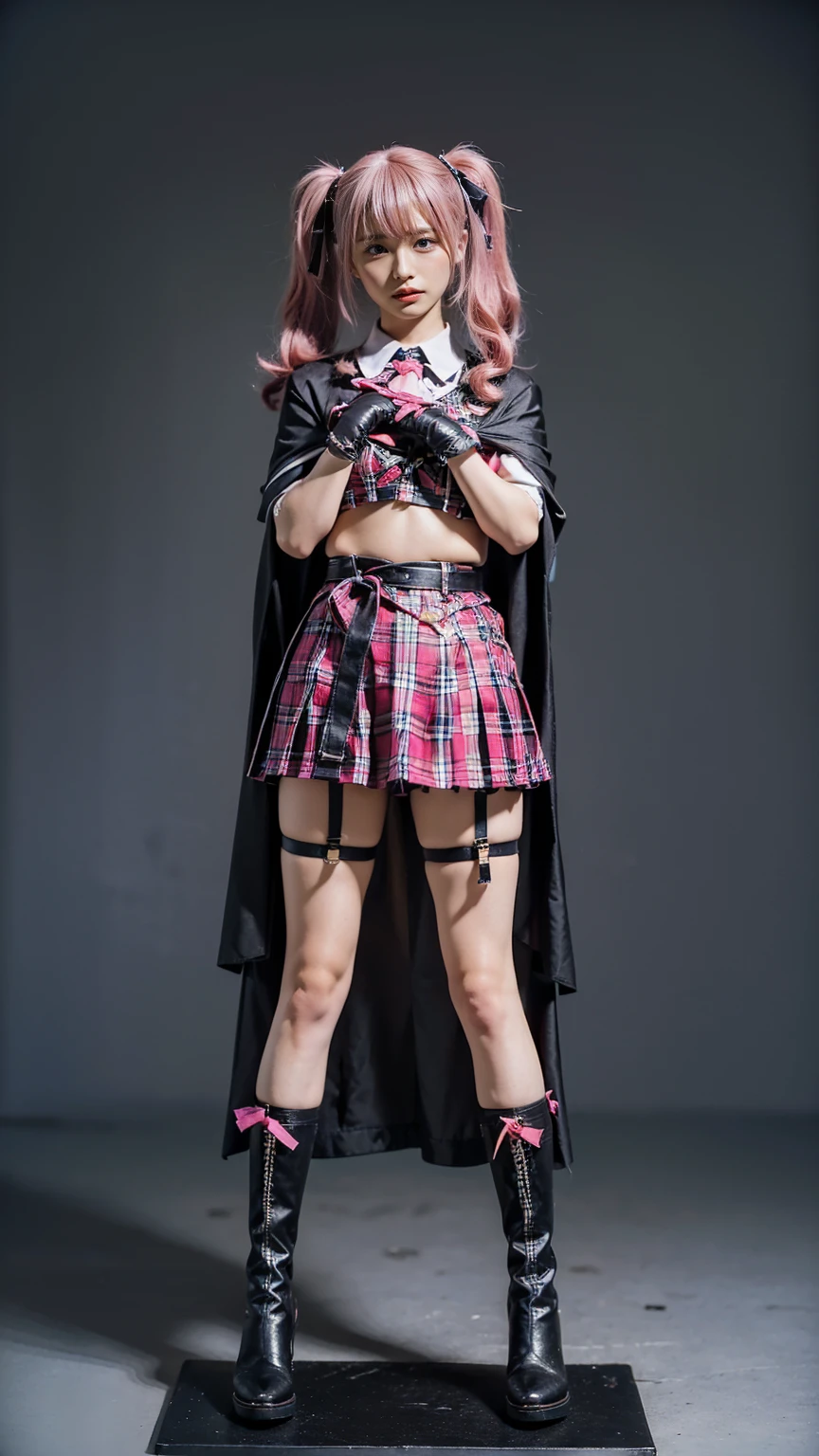 (8k、     RAW photos   、   top quality、masterpiece   :1.2)、(   realistic   、   realistic   )、1 person、((black、  gloves、 see-through、  twin tails、 pink hair、  garter belt hugging、Cape、Ribbon on chest、  plaid mini skirt、   boots、blackい背景、Thin legs、whole body、Hands on Hips、 standing facing you   )、cute