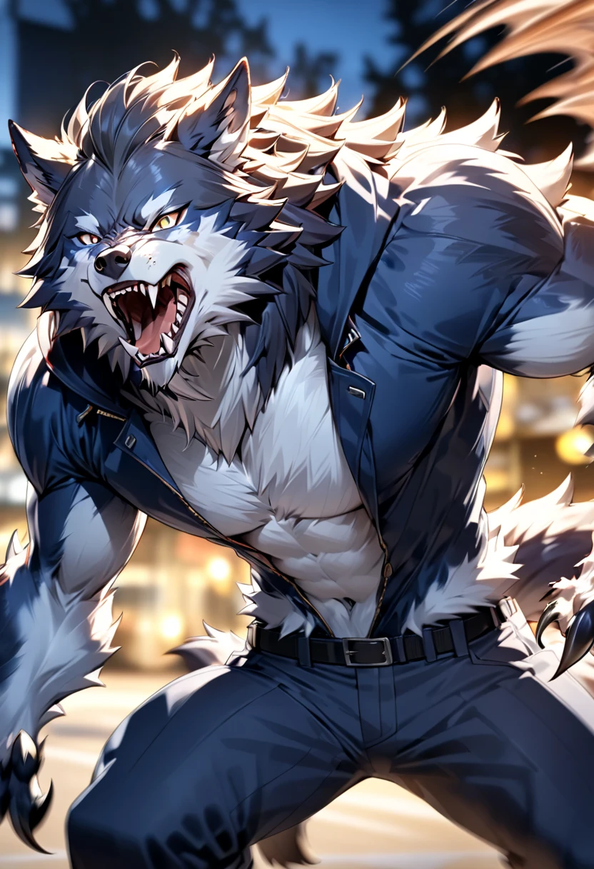 A smart and handsome werewolf"Asuka" , Half-beast form : The beast's ears grow, the tip of the jaw turns into a wolf, and grows sharp claws(( motion blur :2.0 ,  Blurred Background)) , Dark blue coat with a velvety luster ,metamorphose action hero