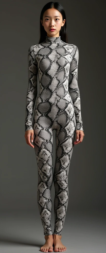 The most beautiful,thin,most pretty and clever Asian Chinese adult girl wears snake lycra turtleneck unitard catsuit .She always wear snake print lycra dancewear hijab-like hood.