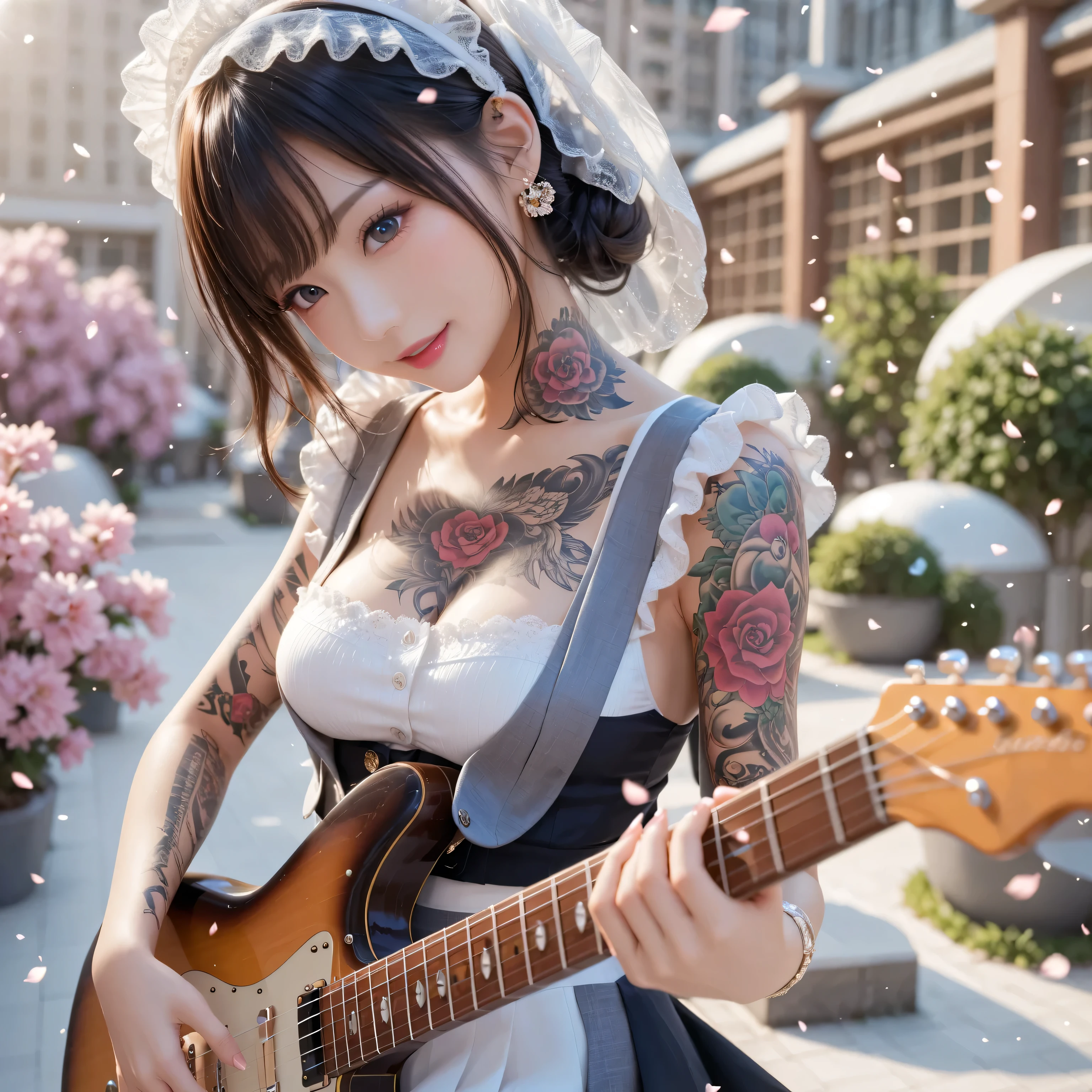 girl in a main costume playing the guitar with a flower on her head, beautiful Japanese face <lora:MikuV4-15:1> (nude :1.3) , (sexy lingerie:1.2)