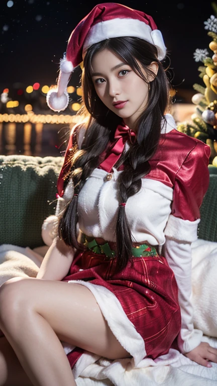(disable censorship), (realistic photo), (masterpiece), chinese girl, christmas elf cosplay, green top, green skirt, red-white striped socks, spread legs, sexy, bedroom