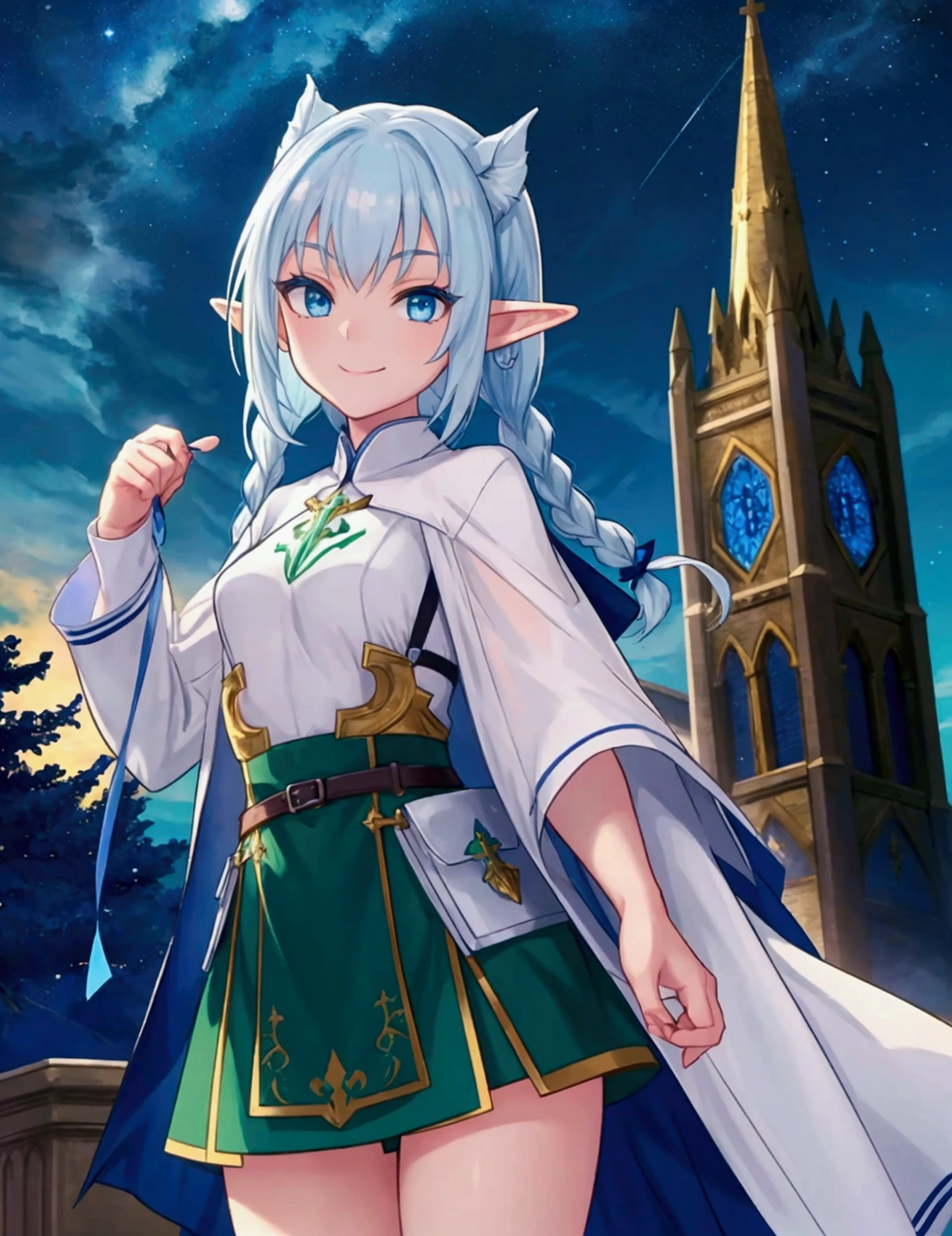 Legendary Scenery 、 mythical scenery unfolds、The cathedral shines brightly、 blue and white contrast on hand pockets、Night Sky、Sky City、church,Like a game cover、 character （Green clothing、Blue short hair with Rinwell style braids,  pointed ears、Elf、 blue eyes、 Rough Outfit 、 long lashes,smile、Mr.々Expression）, Closeup 