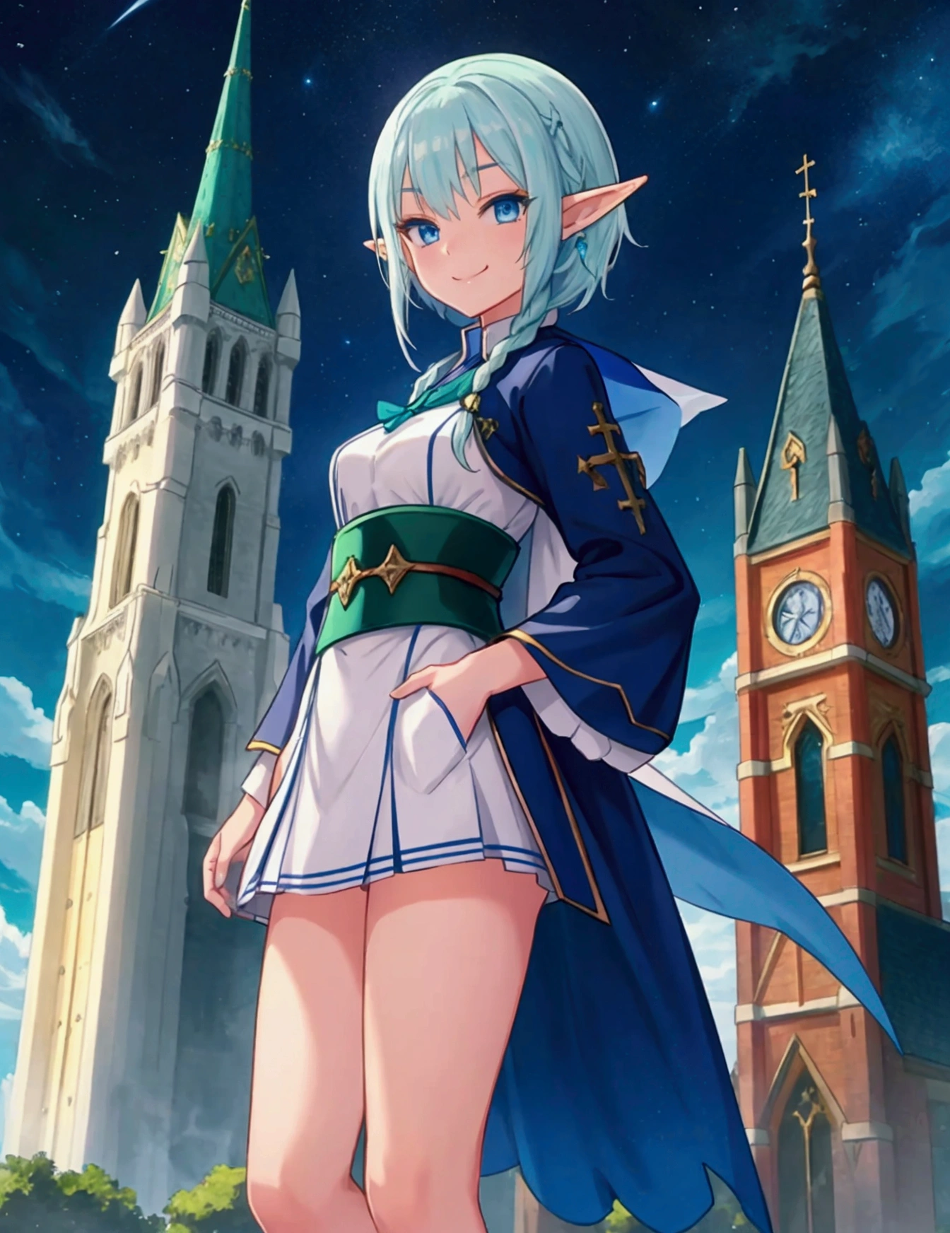 Legendary Scenery 、 mythical scenery unfolds、The cathedral shines brightly、 blue and white contrast on hand pockets、Night Sky、Sky City、church,Like a game cover、 character （Green clothing、Blue short hair with Rinwell style braids,  pointed ears、Elf、 blue eyes、 Rough Outfit 、 long lashes,smile、Mr.々Expression）, Closeup 