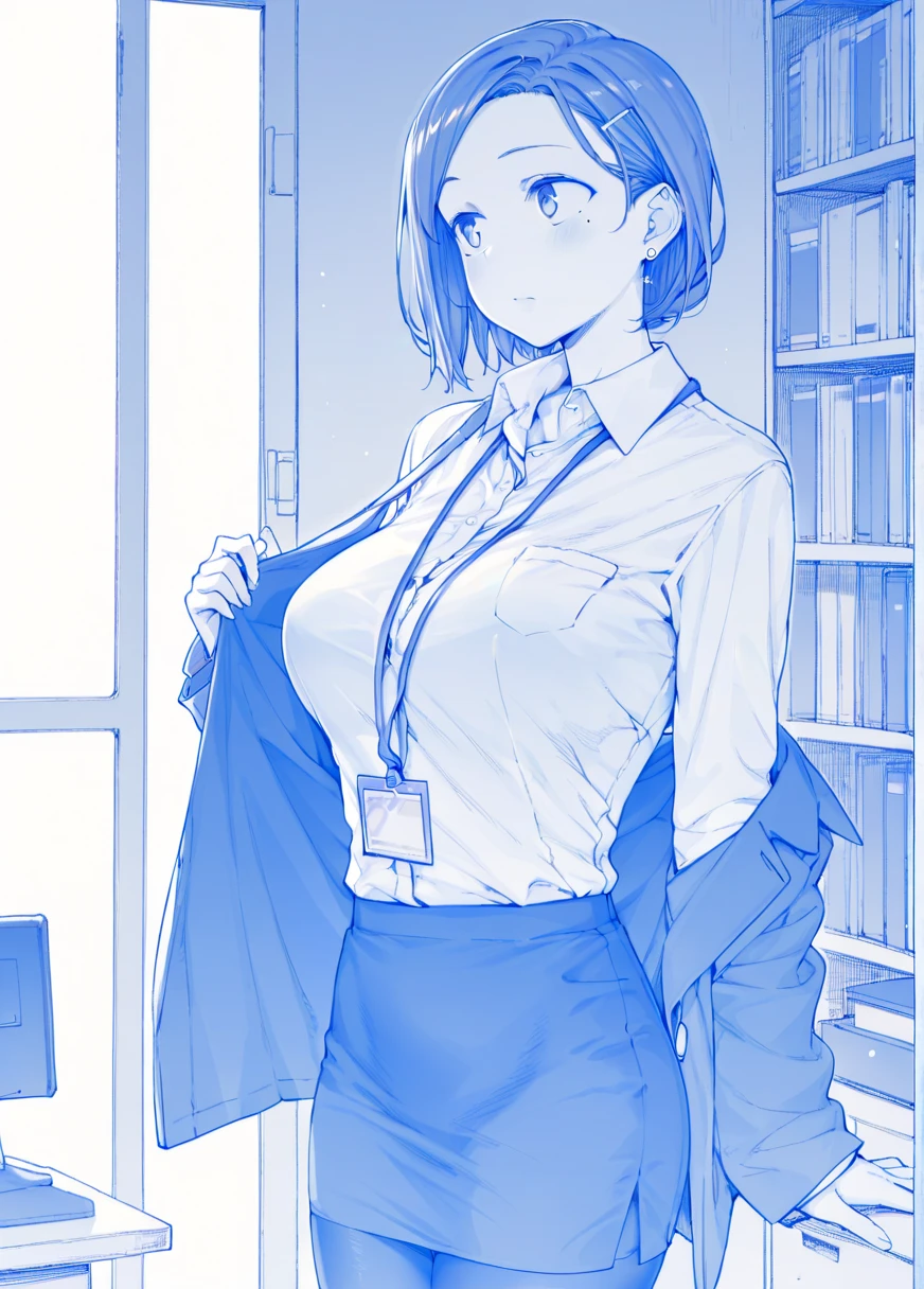 score_9,score_8_up,score_7_up,source_anime,uncensored,cowboy shot,uncensored,office lady,mole under eye,breasts,earrings,lanyard,id card,jewelry,hair ornament,hairclip,skirt,short hair,shirt,pencil skirt,Tawawa-style, monochrome,blue theme,Black tights,file shelf,bookshelf,company warehouse,