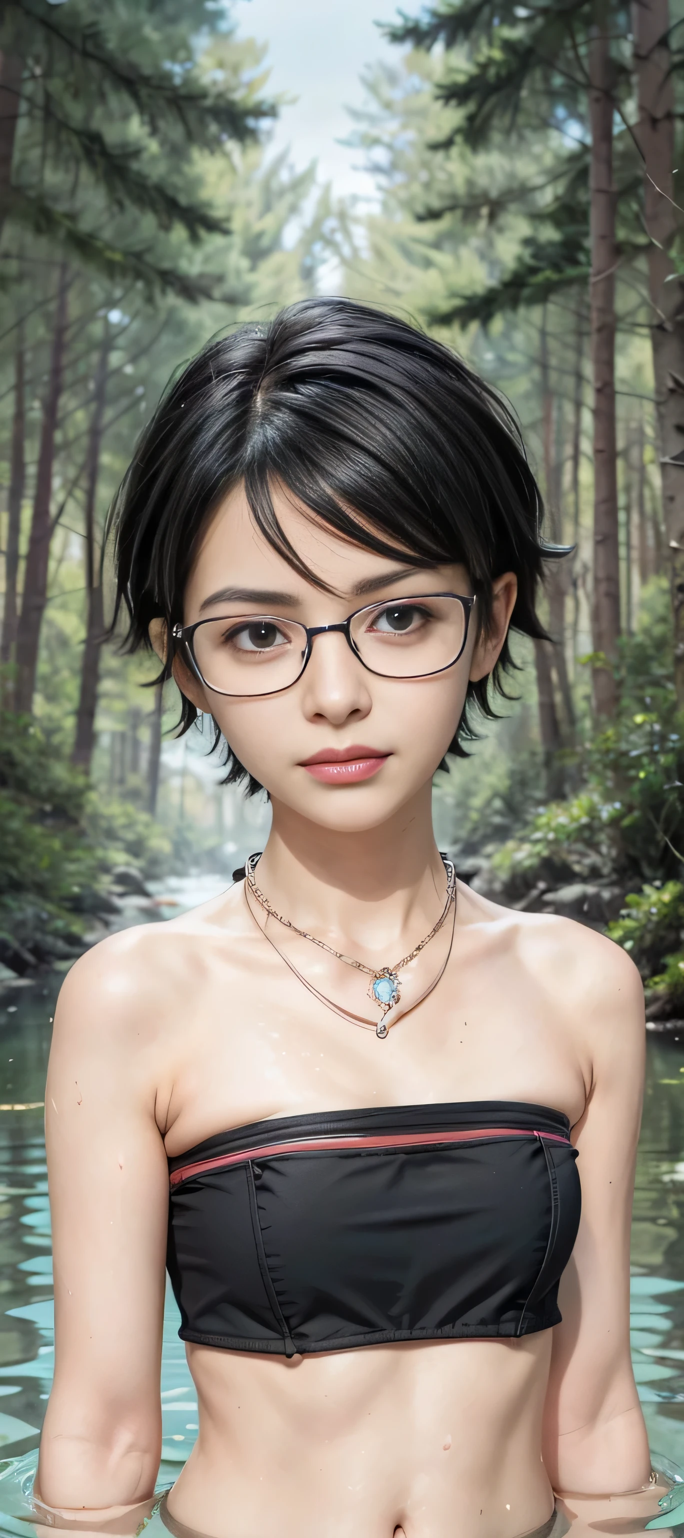 masterpiece, best quality, (realistic,photo-realistic:1.4), (RAW photo:1.2), extremely detailed CG unity 8k wallpaper, delicate and beautiful, amazing,finely detail, official art, absurdres, incredibly absurdres, huge filesize, ultra-detailed,extremely detailed eyes and face,light on face,sarada,(smirk:1.4),(black hair:1.4),(very short hair:1.4),nature,sarada uchiha,(wearing black framed glasses:1.5),(wearing tubetop:1.5),(partially submerged:1.3),navel,river,(diamond necklace:1.4),(pine forest:1.4)