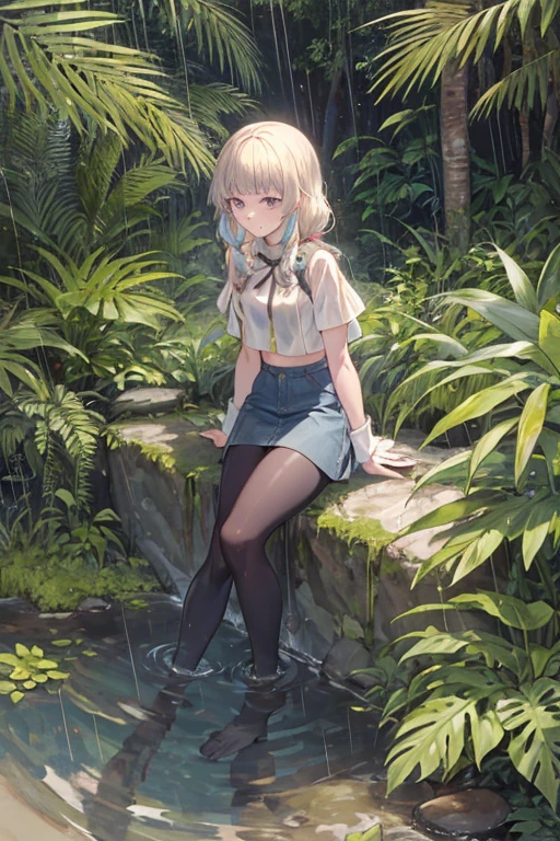Girl Doll,Solitary,rest,((Top view)),(The zipper is not closed),Blonde,elegant,Pointed ears,whole body,Chinese element pattern,thigh,(((Leaking thigh))),full,Transparent openwork,Deep V,(triangle denim shorts),stocking,leggings,(Brushstrokes,Impressionism,painting,Rich scenery),Disheveled,Chest contour,(((Wet clothing))),(((Ultra-thin clothing))),((Flesh outline)),Grinning