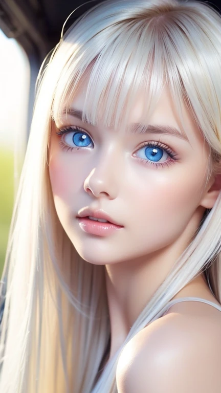 Beautiful, white and radiant skin、 platinum blonde hair color that changes color depending on the amount of light 、 bangs between eyes obstruct visibility 、Shiny highlights on the cheeks、 sexy and very beautiful nice innocent cute first 々 gorgeous young face 、 most beautiful face in the world 、 super long super long gorgeous platinum blonde silky hair、 smooth straight silky hair 、 Big Breasts , Extremely bright light blue eyes 、Very big eyes、 bright bright irises 、Beautiful Bangs、 beautiful cute girls .Small Face Beauty、 cheek gloss highlights 、round face、