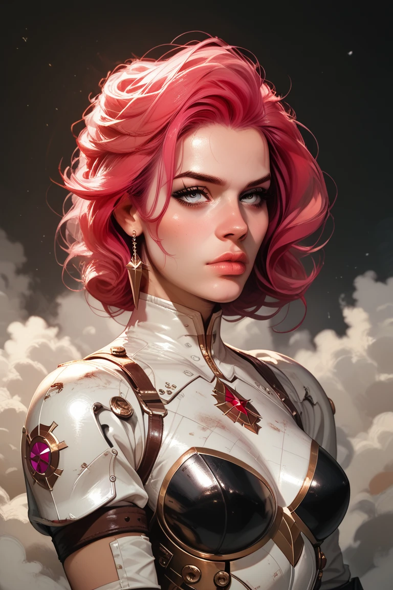 Medium-profile half-body view of Vi from Arcane, in oil style with fine brush strokes. Her short, choppy pink hair is vividly detailed, capturing its unique texture and rebellious flair. She wears her signature heavy gauntlets, intricately designed with metallic elements and a worn, battle-tested appearance. Her stance exudes confidence and determination, with a defiant expression that highlights her strong personality. Dramatic lighting emphasizes the contours of her face, hair, and gloves, while the background is moody and atmospheric, hinting at the gritty world she inhabits.