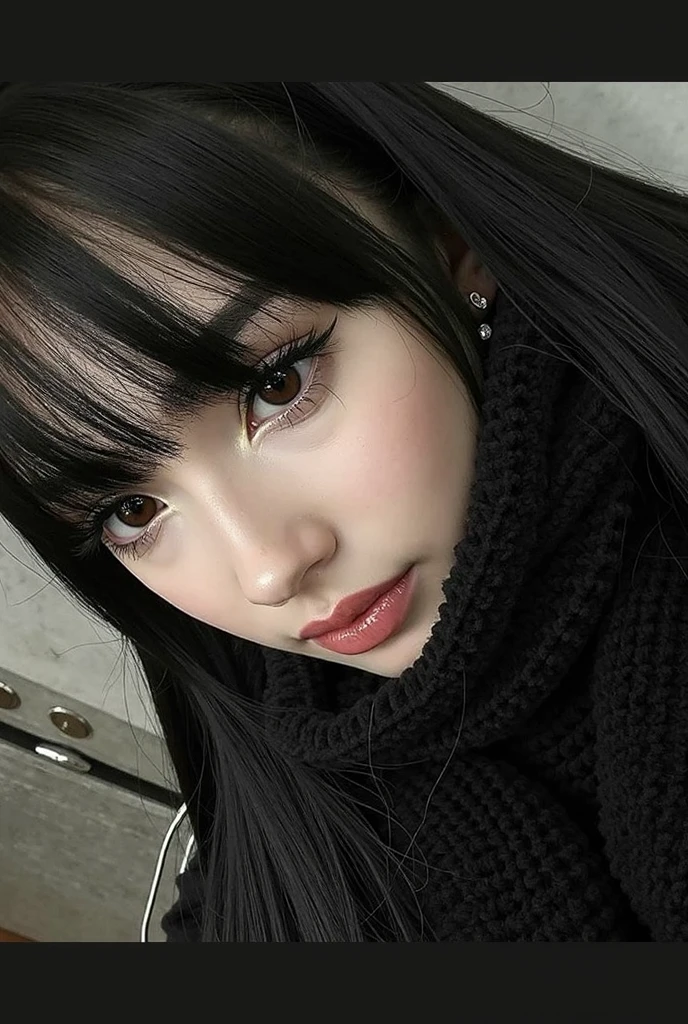um close up de uma mulher com longos cabelos pretos e uma camisola, cruel korean goth girl, Ulzzang, pale porcelain white skin, korean symmetrical face, preto hime corte cabelo, Ela tem cabelo preto com franja, cabelo whitebangs cabelo, pale milky white porcelain skin, rosto sexy com maquiagem completa, Jinyoung Canela, maquiagem sul-coreana popular, Sakimichan