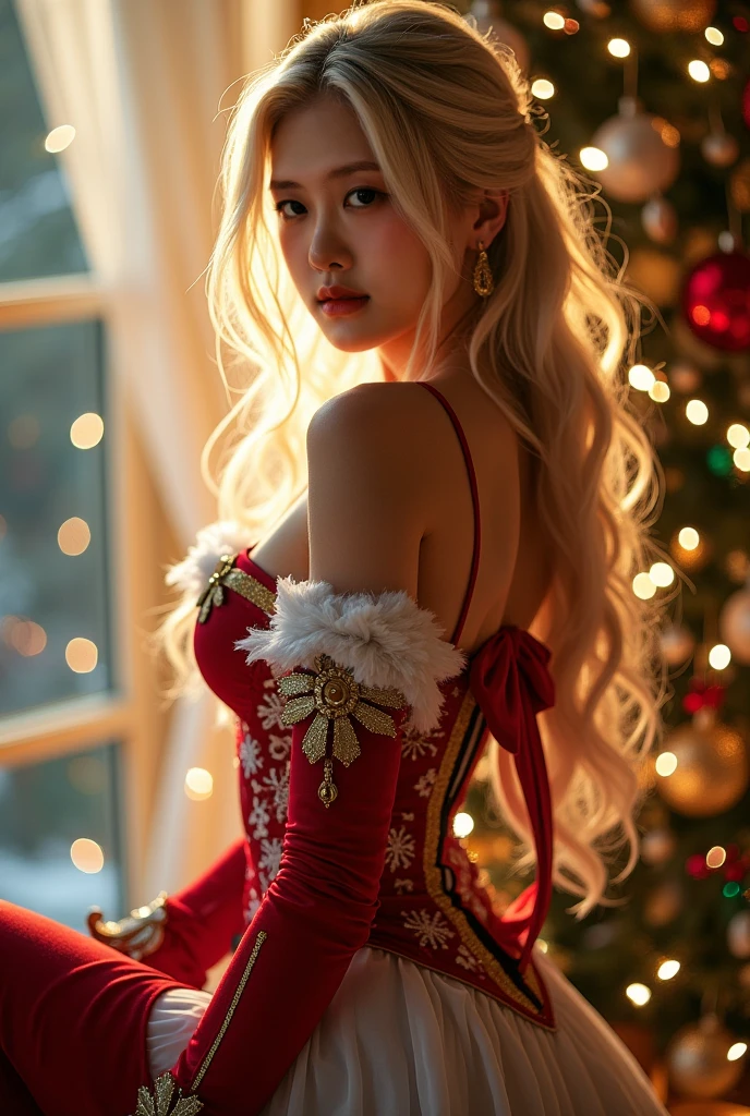 photorealistic, high resolution, soft light, 1women (charming Russian model Nata Lee), light blonde hair, solo, hips up, blue eyes, shining skin, (detailed face), Chinese female red santa dress, sleeveless, black lace, A very sexy santa dress, The background is a at snowing , winter , snow