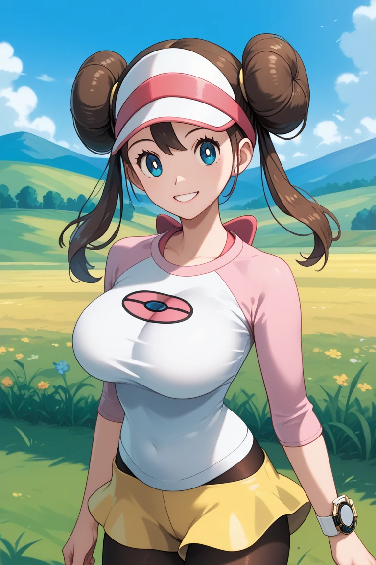 masterpiece, best quality,  highres icon, ro1, hair bun, blue eyes, twintails, visor cap, pantyhose, raglan sleeves, yellow shorts, shirt, pink bow, wristwatch, standing, cowboy shot, field, poke ball \(basic\), smile,(((( Big Breasts )))), Perfect Bodies, anatomically correct