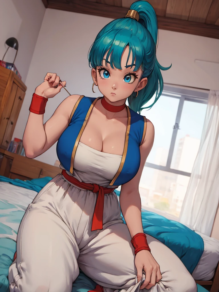 1girl, masterpiece, best_quality:0.5, highres, 4K image, (incredible_details:0.7), absurdes, ((cowboy_angle_shot:0.4)), sharpen image, bulma, 1girl, solo, blue eyes, blue hair, aqua hair, bangs, hair, high ponytail, earrings, arabian clothes, white shirt, blue vest, white pants, baggy pants, red sash, bare shoulders, sleeveless, (deep cleavage), yellow choker, wristband, neck ring, perfect tits, perfect body, in a bedroom, perfect lighting, large breasts,