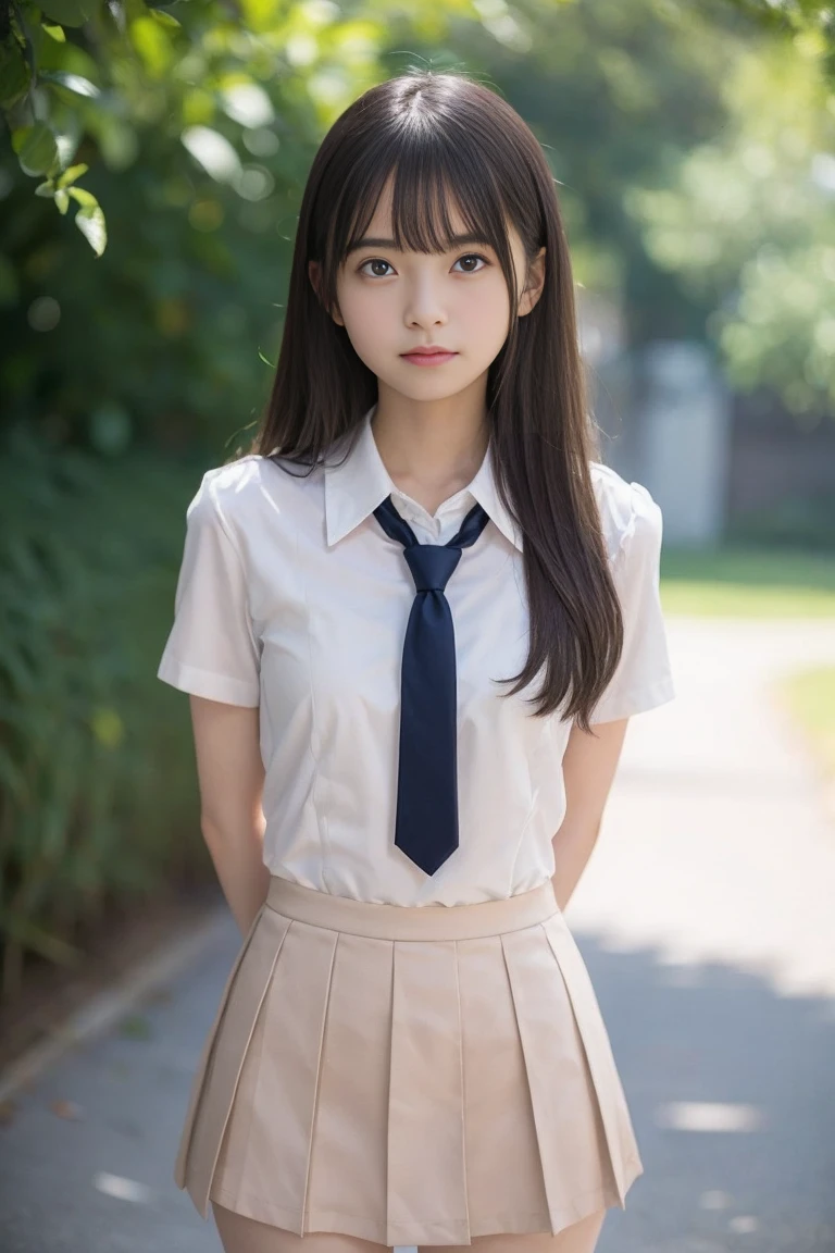 ((highest quality, 8K, masterpiece :1.3)), Photorealistic、Ultra-high resolution、Natural skin texture、Hyperrealism、Photograph from the knee up、12 year old beautiful Japanese girl、Large breasts、White collared shirt and tie、Checkered mini skirt、Serious expression、Angry