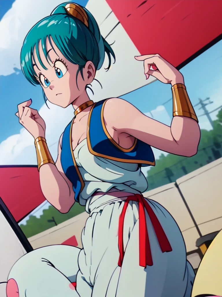 (masterpiece, best quality), 1girl,  bulma, 1girl, solo, blue eyes, blue hair, aqua hair, bangs, hair, high ponytail, earrings,, arabian clothes, white shirt, blue vest, white pants, baggy pants, red sash, bare shoulders, sleeveless, cleavage, yellow choker, wristband, neck ring, large breasts,