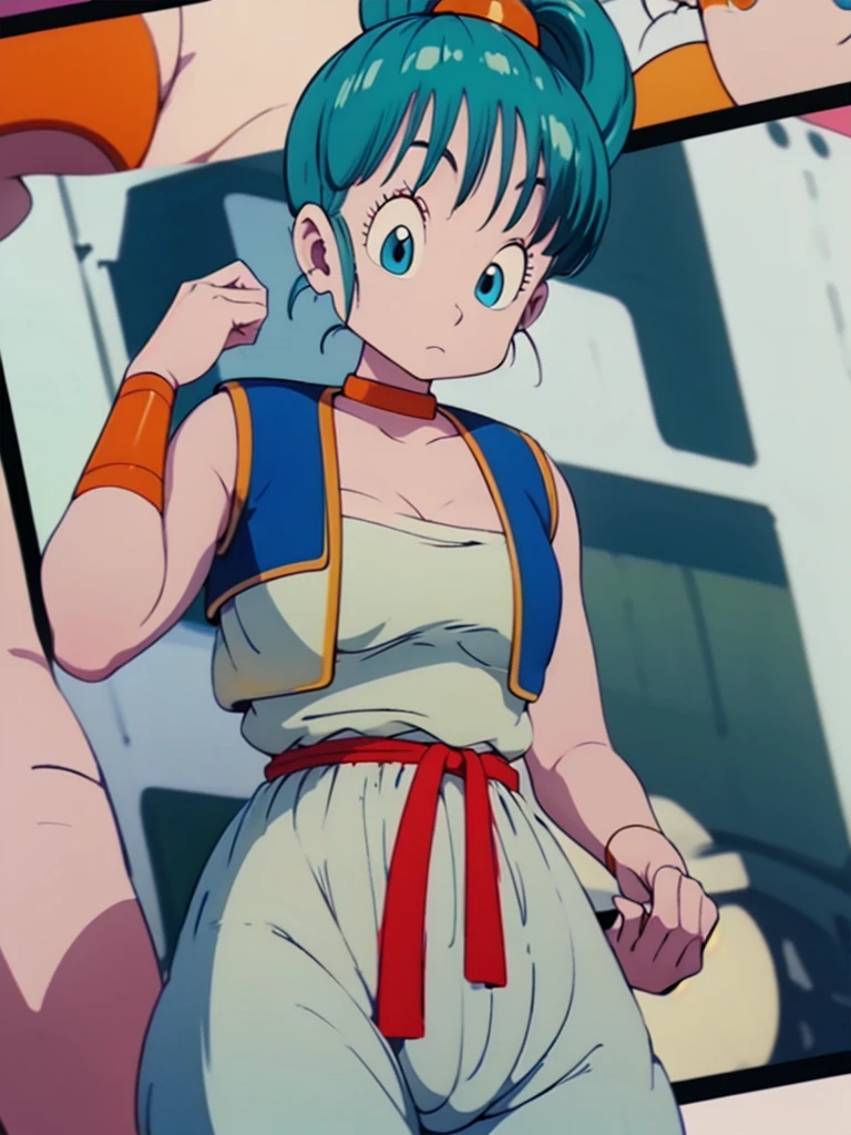 (masterpiece, best quality), 1girl,  bulma, 1girl, solo, blue eyes, blue hair, aqua hair, bangs, hair, high ponytail, earrings,, arabian clothes, white shirt, blue vest, white pants, baggy pants, red sash, bare shoulders, sleeveless, cleavage, yellow choker, wristband, neck ring, large breasts,