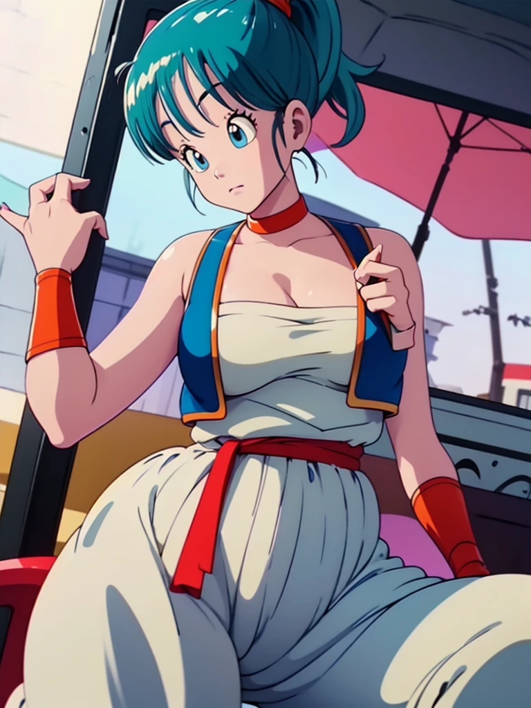 (masterpiece, best quality), 1girl,  bulma, 1girl, solo, blue eyes, blue hair, aqua hair, bangs, hair, high ponytail, earrings,, arabian clothes, white shirt, blue vest, white pants, baggy pants, red sash, bare shoulders, sleeveless, cleavage, yellow choker, wristband, neck ring, large breasts,